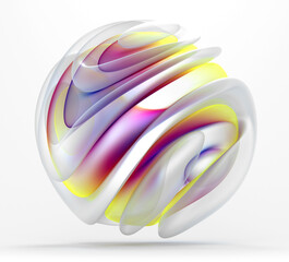 Wall Mural - 3d render of abstract art 3d ball in organic curve round wavy smooth and soft bio forms in matte glass material painted in extreme gradient bright yellow and purple color on isolated white background