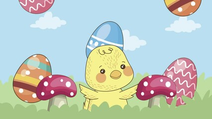 Poster - little easter chick and eggs in the camp animation