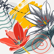 Collage Style Tulips Vector Illustration. Hand-sketched Spring Flower And Beetle. Trendy Design With Floral, Geometric Shapes, Abstract Elements. Perfect For Print, Poster, Card, Wall Art, Cards