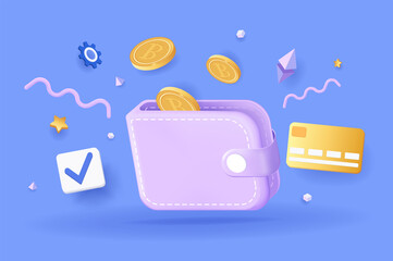 Aufkleber - Bitcoin wallet concept 3D illustration. Icon composition with electronic wallet, credit card and coins. Cryptocurrency transaction and trade, bitcoin mining. Vector illustration for modern web design