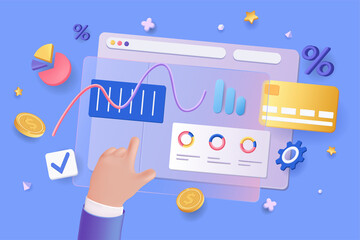 Aufkleber - Financial report concept 3D illustration. Icon composition with dashboard with data charts, graphs, diagrams and credit card. Business analytics, accounting. Vector illustration for modern web design