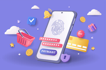 Mobile payment concept 3D illustration. Icon composition with fingerprint scanner on screen, credit card and other. Online shopping and secure paying at app. Vector illustration for modern web design