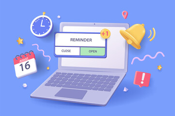 Aufkleber - Reminder concept 3D illustration. Icon composition with new notifications at laptop screen, bell, calendar and other. Business planning and time management. Vector illustration for modern web design