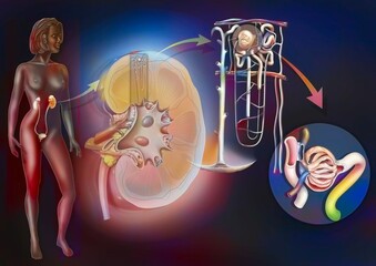 Sticker - Urinary system from kidney to glomerulus with structures of kidney.