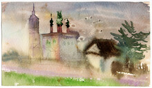 Watercolor Landscape With The Ancient Church In Traditional Architectural Style With Onion Shape Domes In The Russian Town