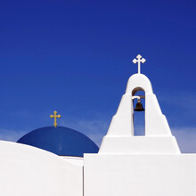 Blue Roof And Bell Tower With Christian Crosses On An Orthodox Church Under Blue Sky
