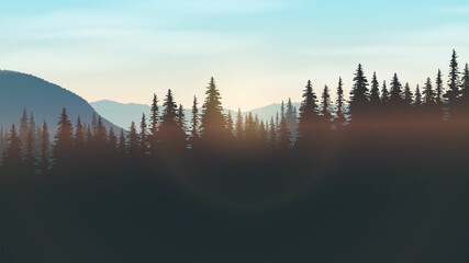 Wall Mural - pine forest landscape and mountains on horizon background during sunrise and sunset.