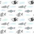 Vector fishes doodles seamless pattern.. Cute nursery clipart. Hand drawn illustration. Perfect for textile print, baby shower, kids bedroom decor, birthday party, packaging design, wrapping paper