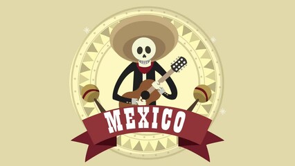 Sticker - mexican culture lettering with guitarist skeleton