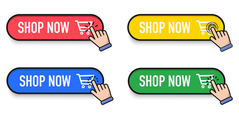 Poster - Shop Now Button Click Mouse Cursor and Shopping Ticket Vector Design on White Background