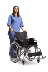 Poster - Female nurse standing with an empty wheelchair