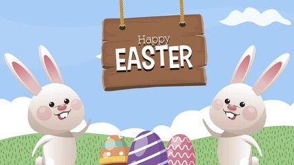 Poster - happy easter lettering celebration with rabbits and egg