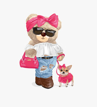 Cute Girly Fashionable Bear Doll With Little Dog Vector Illustration