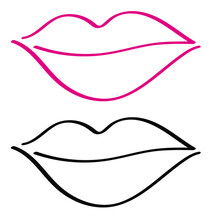 Red Lips Icon. Simple Line Mouth Icon. Sexy Open Mouth With Red Lipstic. Makeup Icon.Red Lips Hand Drawn With Ink Paint Brush And Black Pen Outline, Isolated On White Background. Vector Illustration


