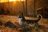 Fototapeta Zwierzęta - Psy rasy corgi w porannym słońcu na łące