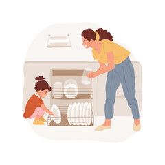 Load the dishwasher isolated cartoon vector illustration. Kid helping mom in the kitchen, loading dishwasher together, family daily routine, cleaning dishes, engage in housework vector cartoon.