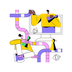 Poster - Online board gaming abstract concept vector illustration. Internet entertainment, laptop screen, play strategy game, family leisure time, playing app, quarantine fun, isolation abstract metaphor.