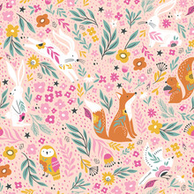 Forest Animals With Flower, Leaves, Childish Seamless Pattern, Vector Design For Fashion, Fabric, Wallpaper And All Prints.