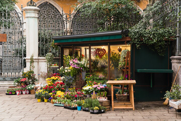 flower shop in old street in Venice, Italy