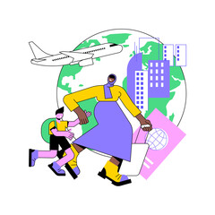 Poster - Female migrant abstract concept vector illustration. Female migrant worker, international marriage, philippine indian muslim woman, passport and documents, house cleaner, refugee abstract metaphor.