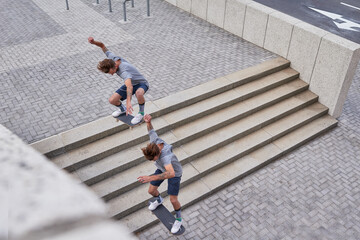 Sticker - Skating is more than a hobby. Shot of skateboarders in the city.