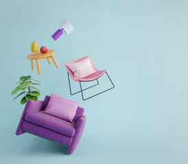 Canvas Print - Furniture flying in blue background.Living room furniture.Concept for home decor advertising.3d rendering