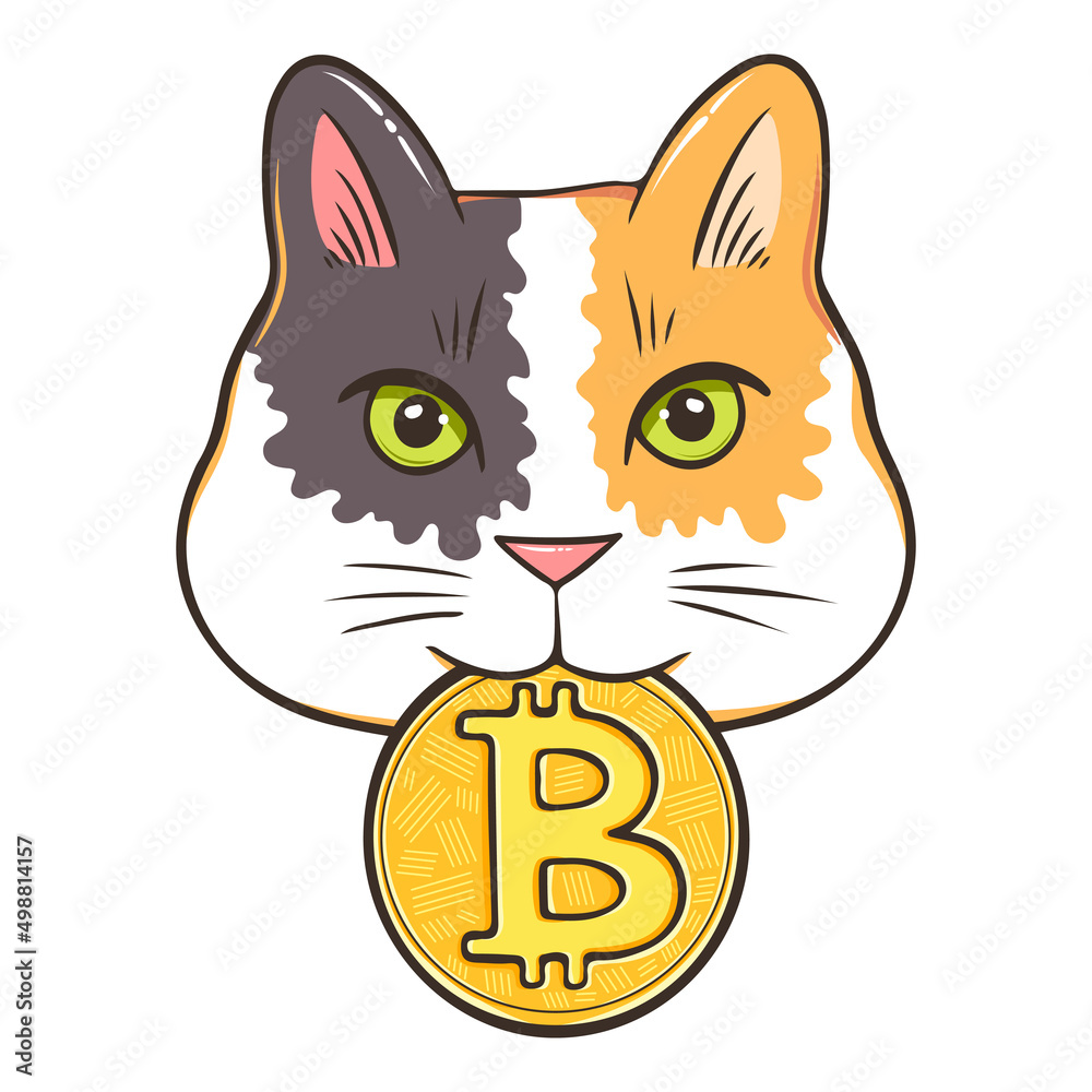 Vetor do Stock Lucky calico crypto cat holding Bitcoin in mouth, funny  poster for someone who love cats and crypto coins | Adobe Stock