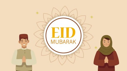 Poster - eid mubarak lettering with muslims couple characters