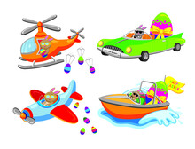 Cute Cartoon Style Set Of Easter Bunny In Different Modes Of Transport