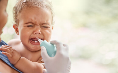 Poster - We have to unblock those passages. Shot of a doctor using a section tool to relieve a babys phlegm.