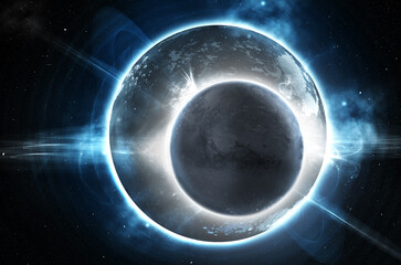 majesty of the ice world. lunar eclipse of a cold barren-looking world.