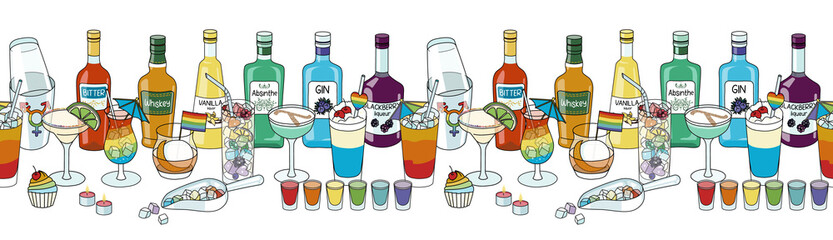 Seamless border line ornament with bar shaker, cocktails and liquor bottles in rainbow LGBT colors. For gay bar diversity pride party invitations, cards or stickers. Doodle cartoon style illustration.