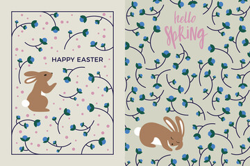 Poster - Easter Greeting Card Design Set. Vector Illustration of Cute Bunny and Florals. Easter Rabbit Holiday Poster