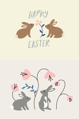 Poster - Set of Cute Easter Greeting Cards with Rabbits and Flowers. Easter Bunnies Vector Illustrations
