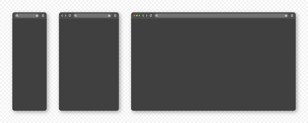 Fototapete - Blank web browser window with toolbar and search field. Modern website, internet page in flat style. Browser mockup for computer, tablet and smartphone. Adaptive UI, dark mode. Vector illustration