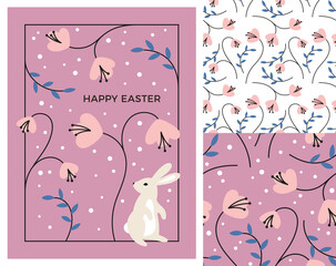 Poster - Easter Greeting Card Design and Set of Patterns. Vector Illustration of Cute Bunny and Florals. Easter Rabbit Holiday Poster.