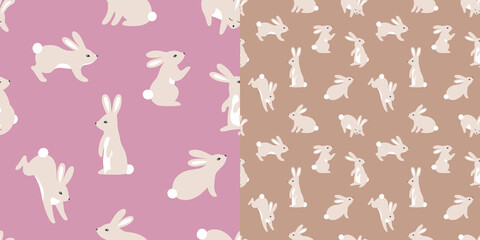 Aufkleber - Set of Seamless Patterns with Cartoon Rabbits. Vector Texture for Easter Cards, Banners, Posters and Prints. Illustration of Cute Little Bunnies