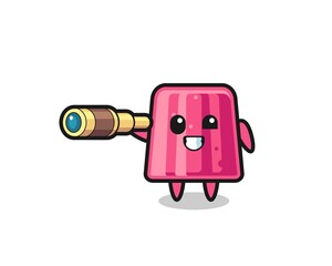 Poster - cute jelly character is holding an old telescope