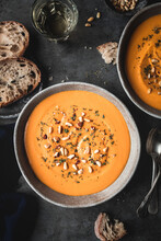 Sweet Potato Soup In A Bowl On A Grey Background