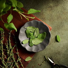 Sage And Thyme Herbs On A Plate