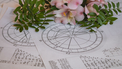 Wall Mural - Printed astrology charts, pink flowers and green plant branches  in the background