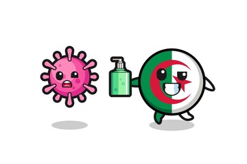 Sticker - illustration of algeria flag character chasing evil virus with hand sanitizer