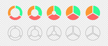 Donut Charts Divided In 3 Multicolored And Outline Segments. Infographic Wheels Set. Circle Diagrams Segmented On Three Equal Parts. Vector Flat And Graphic Illustration.