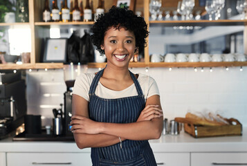 Aufkleber - My little startup brings me great joy. Portrait of a young woman working in a cafe.