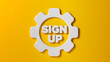 White-colored gear icon and sign-up text. On yellow-colored background. Horizontal composition isolated with clipping path.