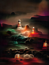 A 3d Digital Rendering Of A Layered Rocky Beach With Several Lighthouses.
