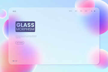 website landing page template in glassmorphism style. horizontal website screen with glass overlay e