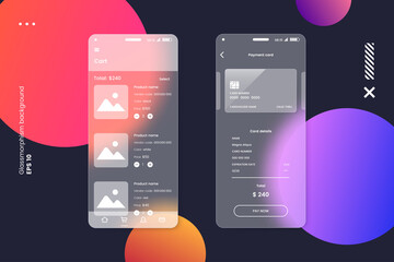 Poster - UI UX screens kit in glassmorphism style. Smartphone screen with glass overlay effect isolated on abstract background. Mockup for mobile app presentation. Vector illustration