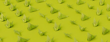 Collection Of Green Origami Birds On Green Background. Minimalist Design With Folded Paper Birds.