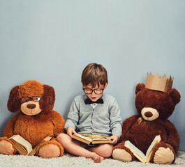 Sticker - Getting some reading done. Studio shot of a smart little boy reading a book next to his teddy bears against a gray background.